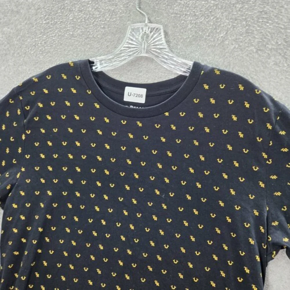 True Religion‎ Men Shirt Medium Black Monogram Logo Allover Print Short Sleeve